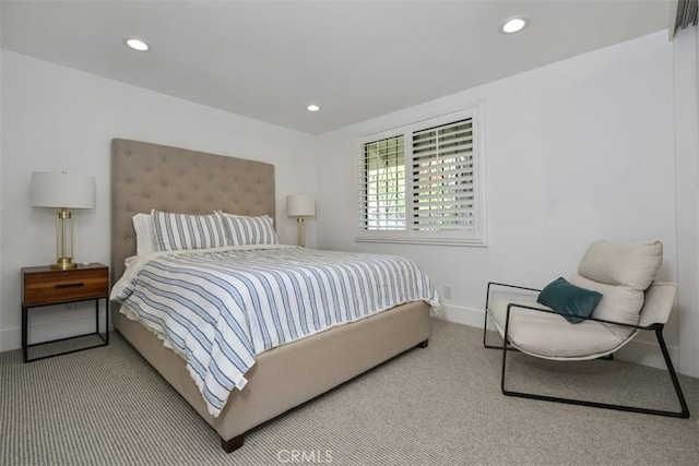bedroom with carpet floors, recessed lighting, and baseboards