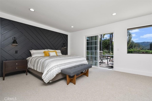 bedroom with access to outside, recessed lighting, carpet, and baseboards