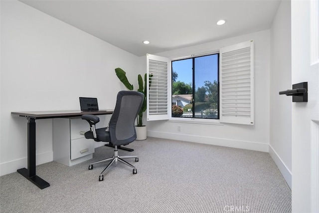 carpeted office space featuring baseboards and recessed lighting