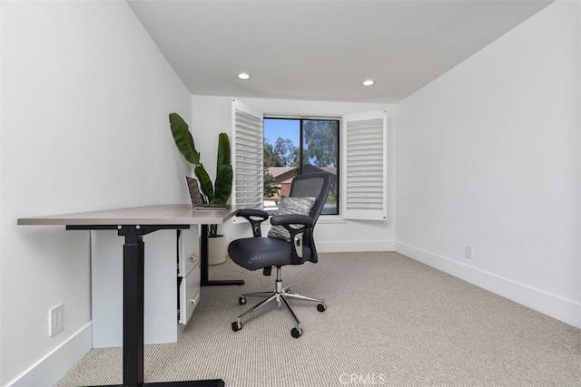 office space with carpet flooring, recessed lighting, and baseboards