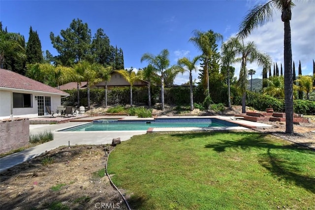 outdoor pool with a yard, an in ground hot tub, and a patio area