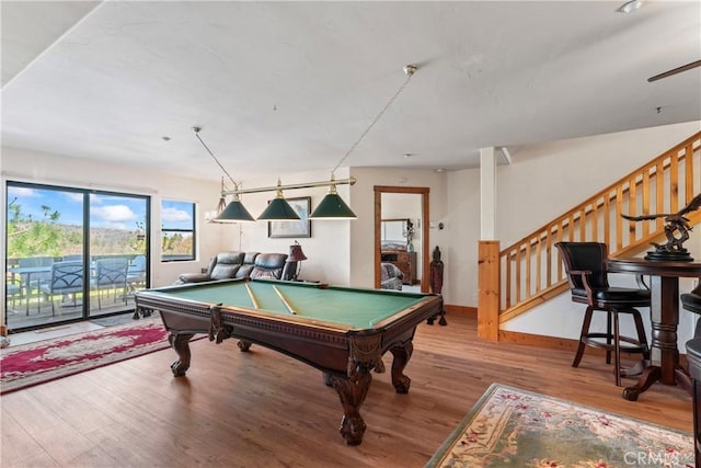 1305 Montreal Dr, Lake Arrowhead, CA 92352 - recreation room with baseboards, billiards, ceiling fan, and wood finished floors