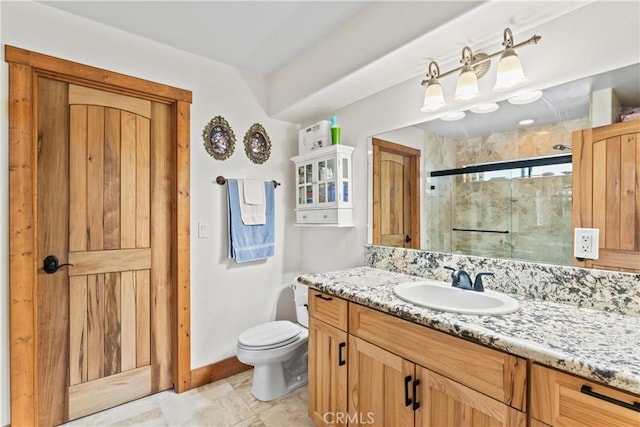 1305 Montreal Dr, Lake Arrowhead, CA 92352 - full bathroom featuring a shower stall, tile patterned floors, vanity, baseboards, and toilet