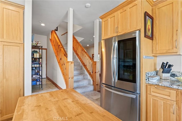 1305 Montreal Dr, Lake Arrowhead, CA 92352 - kitchen with light brown cabinetry, butcher block countertops, smart refrigerator, recessed lighting, and light tile patterned floors