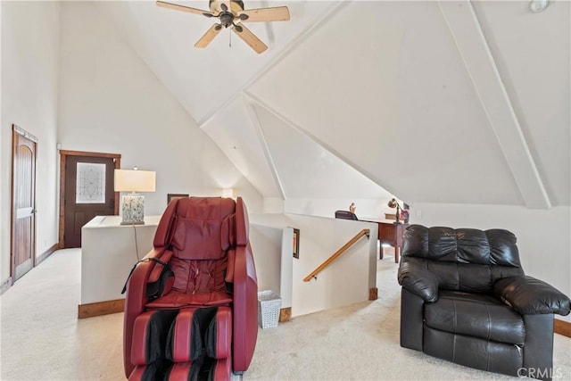 1305 Montreal Dr, Lake Arrowhead, CA 92352 - sitting room with an upstairs landing, lofted ceiling, ceiling fan, and light colored carpet