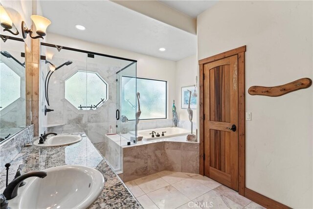 1305 Montreal Dr, Lake Arrowhead, CA 92352 - full bath with double vanity, a shower stall, a sink, and a bath