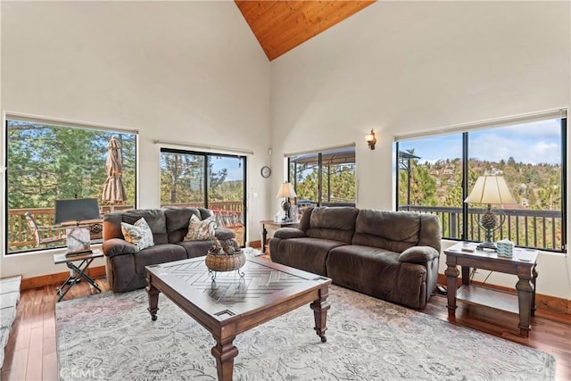 1305 Montreal Dr, Lake Arrowhead, CA 92352 - living room featuring high vaulted ceiling, wood ceiling, and wood finished floors