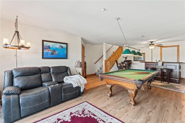 1305 Montreal Dr, Lake Arrowhead, CA 92352 - game room with wood finished floors, baseboards, indoor bar, pool table, and a ceiling fan