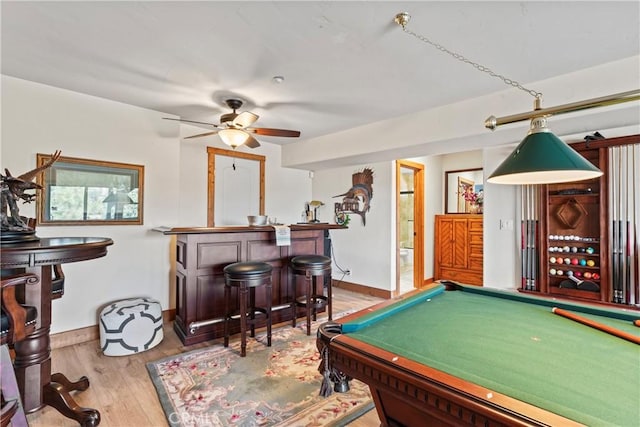 1305 Montreal Dr, Lake Arrowhead, CA 92352 - rec room with billiards, ceiling fan, wood finished floors, baseboards, and a bar