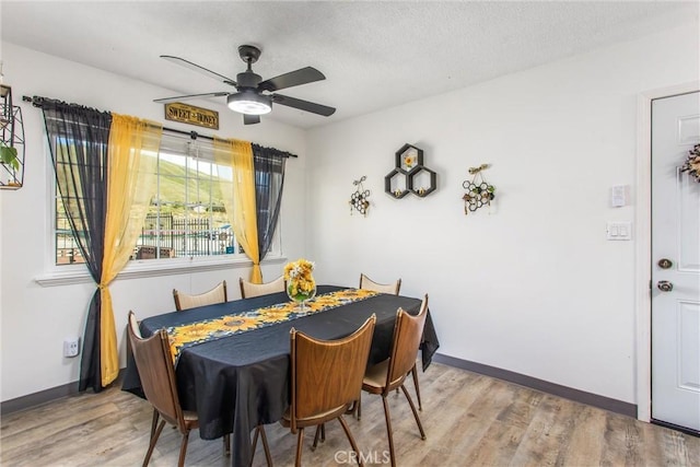 dining space with baseboards, ceiling fan, light wood finished floors, and a textured ceiling