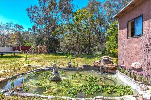 view of yard with fence and a garden pond