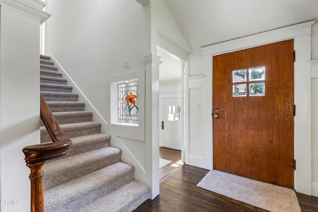 1954 Primrose Ave, South Pasadena, CA 91030 - foyer entrance featuring stairway, dark wood finished floors, and high vaulted ceiling