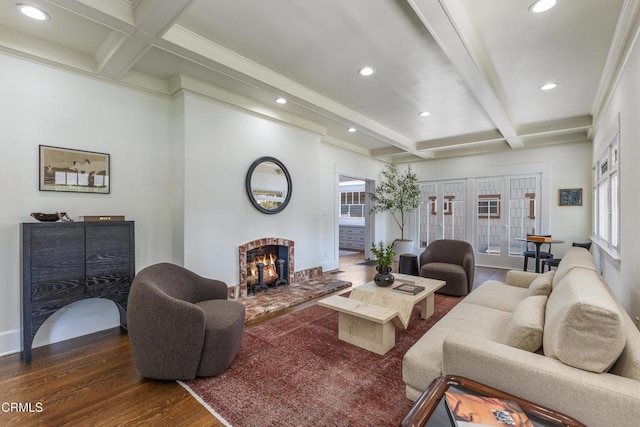 1954 Primrose Ave, South Pasadena, CA 91030 - living room featuring beam ceiling, dark wood finished floors, plenty of natural light, a fireplace, and recessed lighting