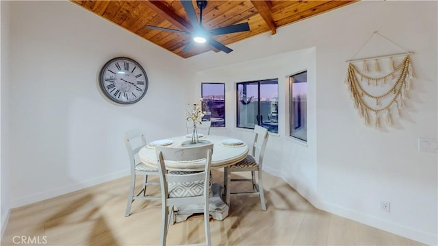 dining space with wooden ceiling, ceiling fan, baseboards, and wood finished floors