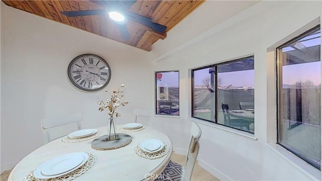 dining room featuring wooden ceiling, ceiling fan, and baseboards
