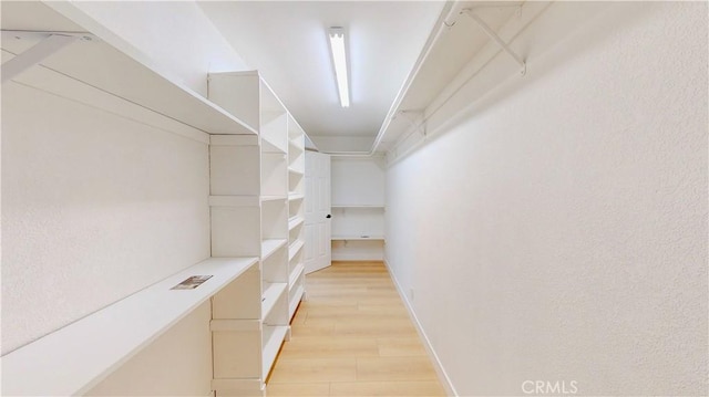 walk in closet with light wood finished floors