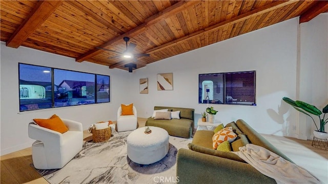 living room featuring wood ceiling, wood finished floors, and ceiling fan