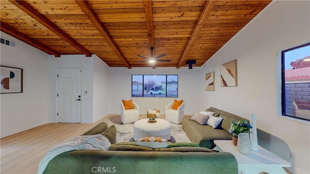 living area featuring wooden ceiling, wood finished floors, and ceiling fan