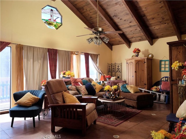 living room with tile patterned floors, high vaulted ceiling, a ceiling fan, beamed ceiling, and wood ceiling