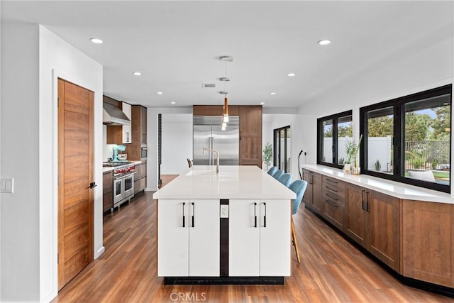 kitchen with wood finished floors, light countertops, wall chimney exhaust hood, a sink, and appliances with stainless steel finishes