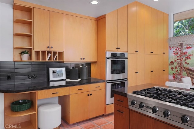 kitchen with open shelves, dark countertops, stainless steel appliances, recessed lighting, and tasteful backsplash