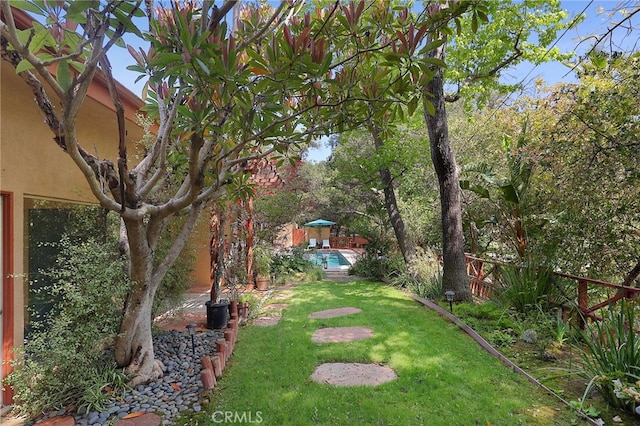 view of yard with an outdoor pool and a fenced backyard
