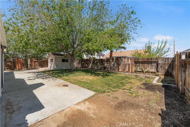 view of yard with a patio, a fenced backyard, and an outdoor structure