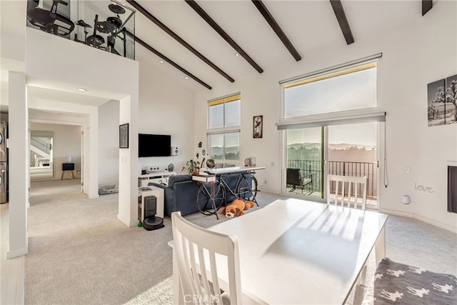 carpeted dining area with high vaulted ceiling, recessed lighting, and beam ceiling