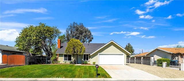 view of front of house with fence, a front lawn, a garage, a gate, and concrete driveway