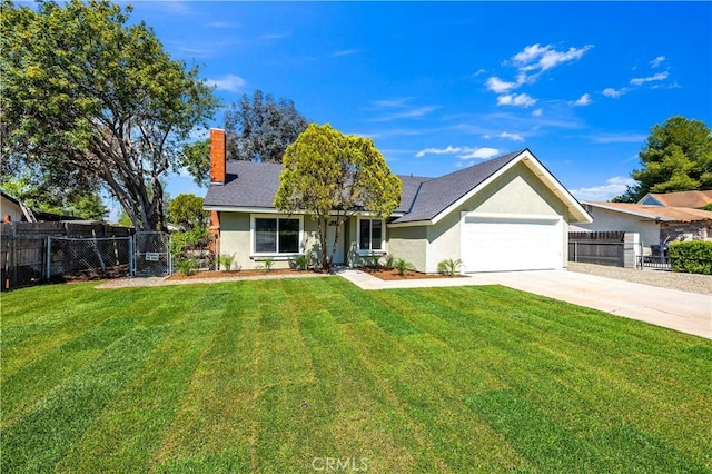 view of front facade featuring fence, a garage, a front yard, a chimney, and driveway