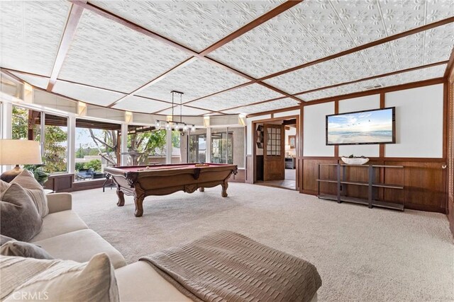 playroom featuring carpet flooring, wainscoting, and billiards