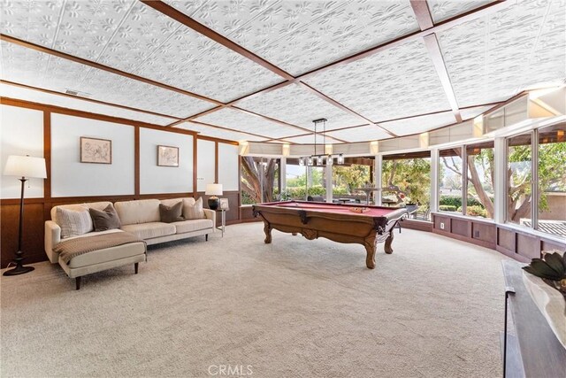 rec room featuring wainscoting, billiards, carpet flooring, and visible vents
