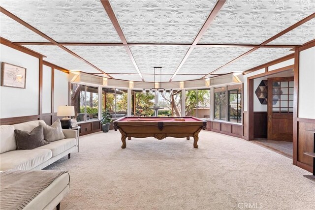 playroom with carpet floors, wainscoting, and billiards
