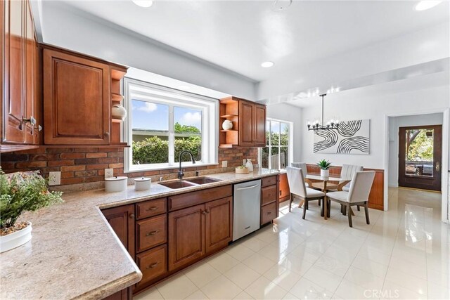 kitchen with open shelves, a sink, dishwasher, light tile patterned floors, and tasteful backsplash
