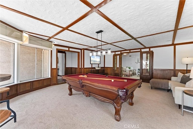 recreation room featuring carpet flooring, wooden walls, a wainscoted wall, and pool table