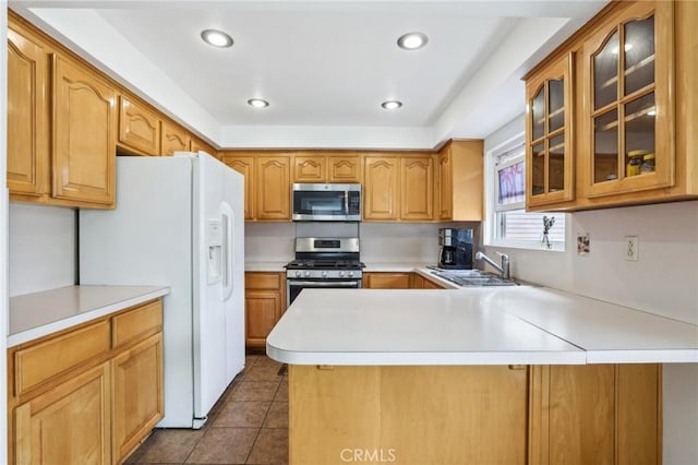 kitchen featuring light countertops, a sink, a peninsula, glass insert cabinets, and stainless steel appliances