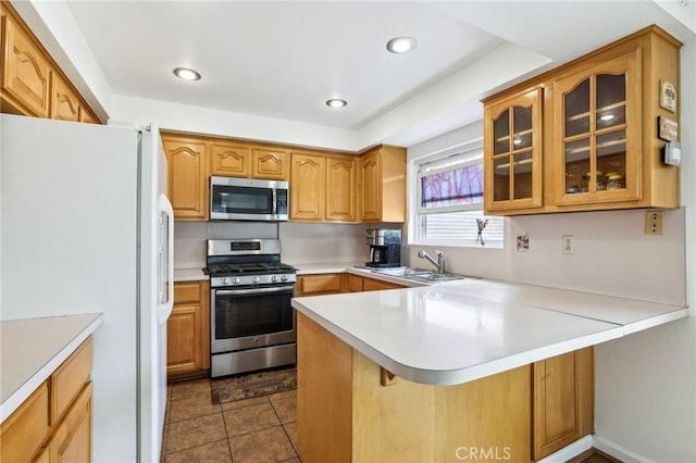 kitchen with appliances with stainless steel finishes, a sink, light countertops, a peninsula, and glass insert cabinets
