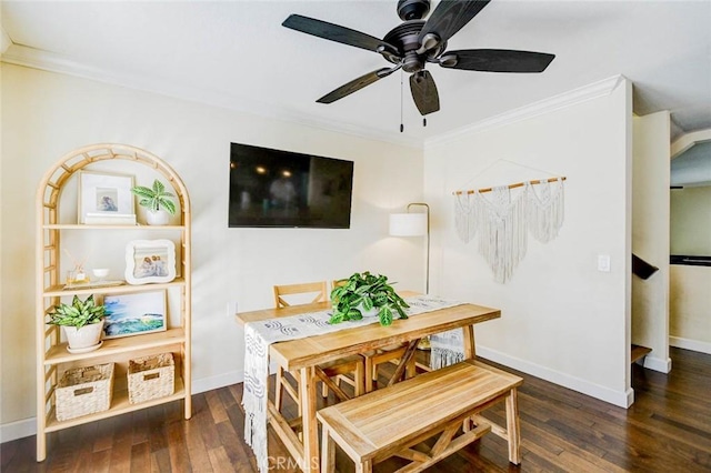166 N Singingwood St Unit 9, Orange, CA 92869 - dining area featuring wood-type flooring, ceiling fan, ornamental molding, and baseboards