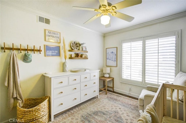 166 N Singingwood St Unit 9, Orange, CA 92869 - living area featuring ceiling fan, visible vents, baseboards, light wood-style floors, and ornamental molding