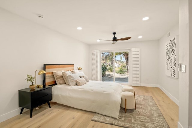 bedroom with access to outside, recessed lighting, baseboards, and light wood-type flooring