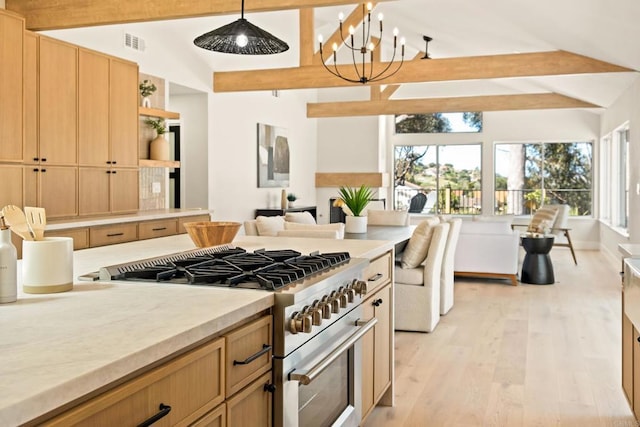kitchen featuring light countertops, vaulted ceiling with beams, open shelves, and high end range