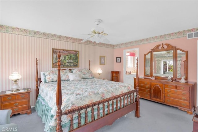 20902 Balgair Cir, Huntington Beach, CA 92646 - bedroom with a ceiling fan, visible vents, carpet floors, ensuite bathroom, and wallpapered walls