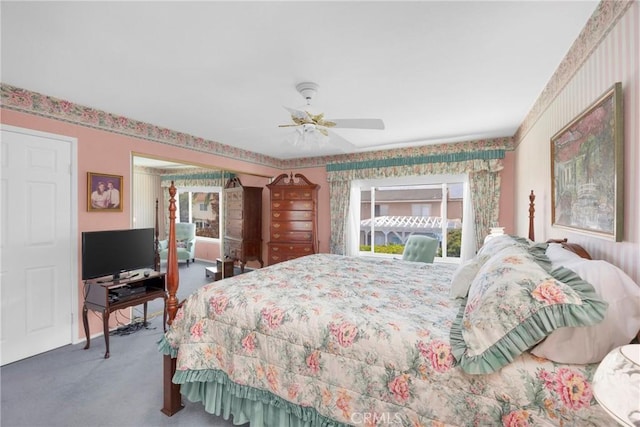 20902 Balgair Cir, Huntington Beach, CA 92646 - carpeted bedroom with a ceiling fan and wallpapered walls