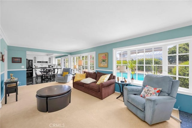 20902 Balgair Cir, Huntington Beach, CA 92646 - living room featuring a healthy amount of sunlight, ornamental molding, and light carpet