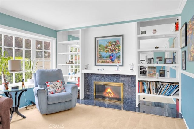 20902 Balgair Cir, Huntington Beach, CA 92646 - living area featuring crown molding, a high end fireplace, and carpet