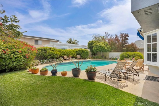 20902 Balgair Cir, Huntington Beach, CA 92646 - view of swimming pool featuring a fenced backyard, a fenced in pool, a lawn, and a patio area