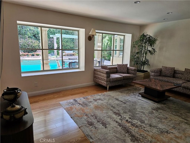 living area with baseboards, plenty of natural light, and wood finished floors