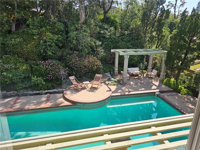 pool with a pergola and a patio area