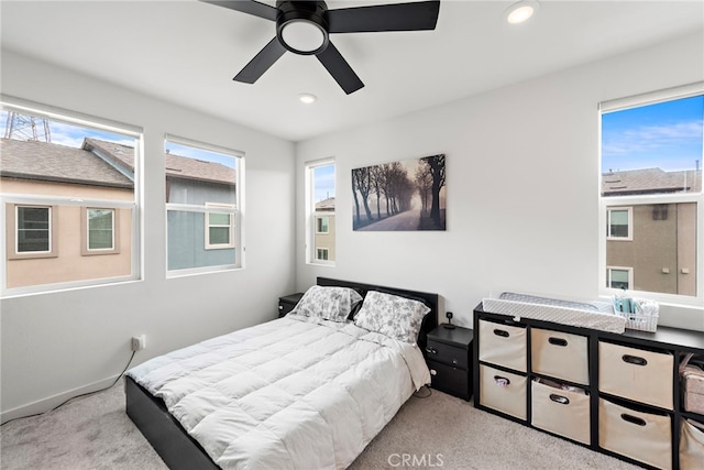 bedroom featuring ceiling fan, carpet flooring, and recessed lighting