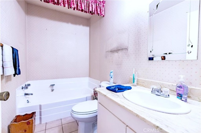 full bathroom featuring vanity, tile patterned floors, a bath, and wallpapered walls